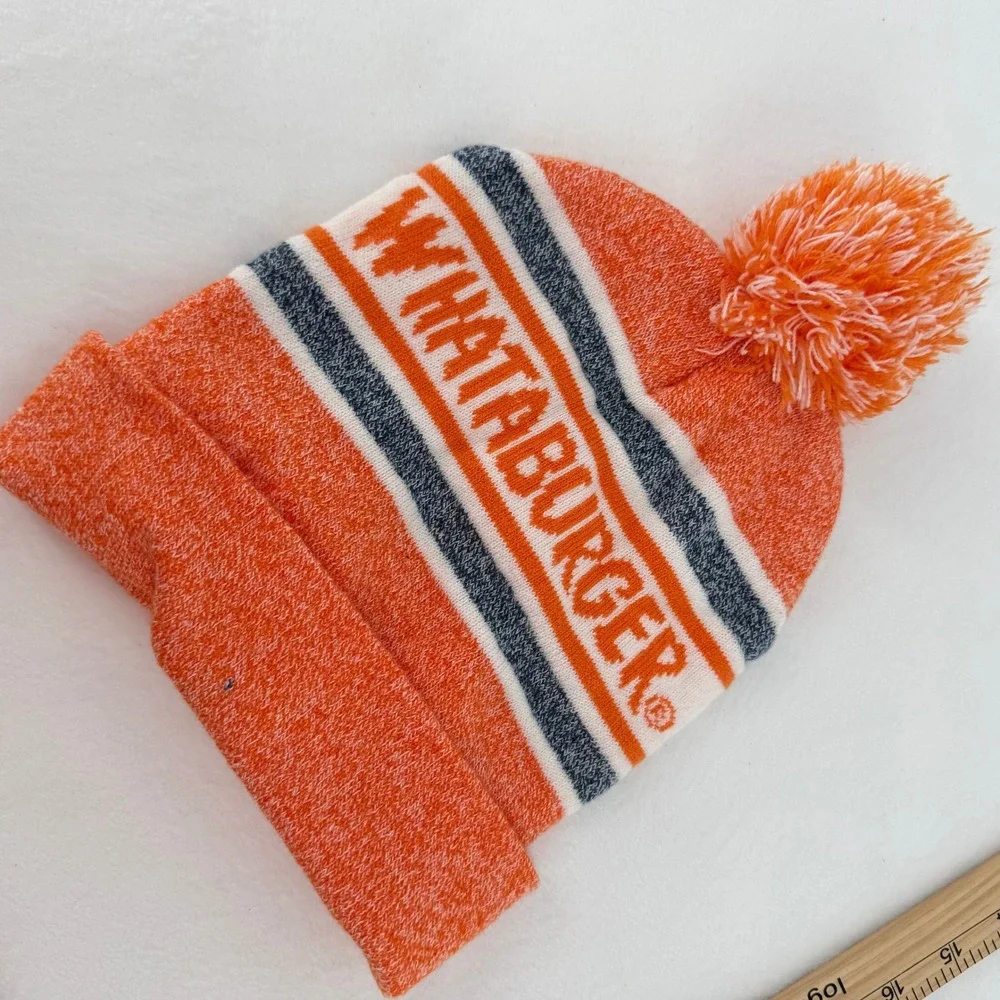 Whataburger Beanie Hat Unisex One Size Orange Pom Pom Knit Cuffed Winter Cap - Picture 5 of 5